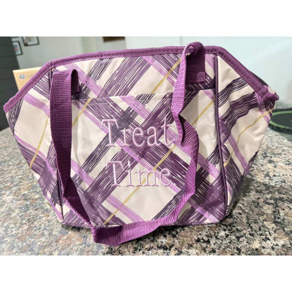 Thirty-One Thermal Tote Purple Plaid Insulated Lunch Bag Treat Time Embroidery